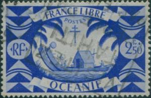 ? French Oceania 1942 SG156 2f.50 blue Polynesian Canoe FU