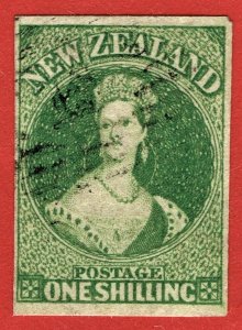 [mag911] NEW ZEALAND 1862 SG#46 used 1/- Deep green cv:£375/$510 (4 margins)