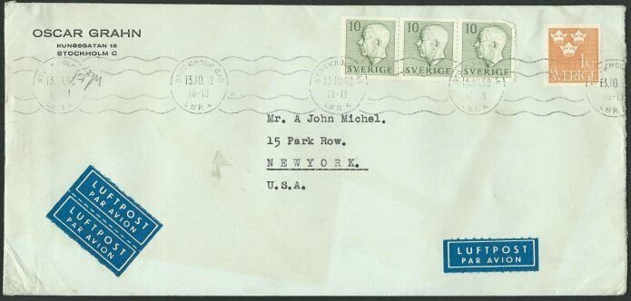 SWEDEN 1953 commercial airmail cover to USA................................60674