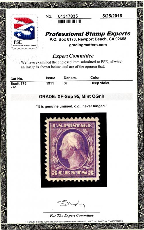 376 Mint,OG,NH... PSE graded 95 XF-Superb... SMQ $300.00