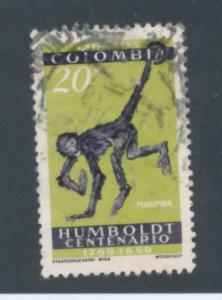 Colombia 1960 Scott 715 used - 20c, Spider Monkey, Von Humboldt Death