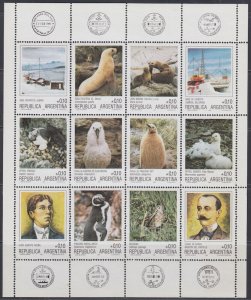 ARGENTINA # 1559a-l MNH SHEET of 12 DIFF ANTARCTIC BASES, FAUNA, ETC