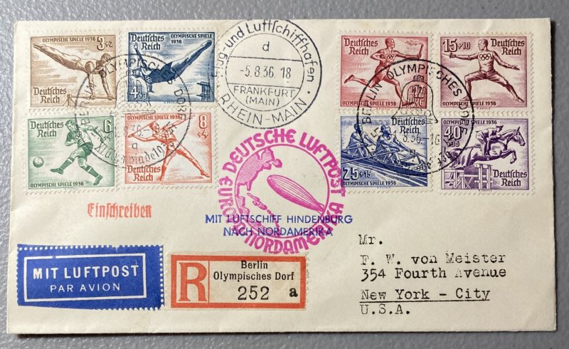 1936 Germany Hindenburg Zeppelin Berlin Olympics Cover to New York, Used. City,