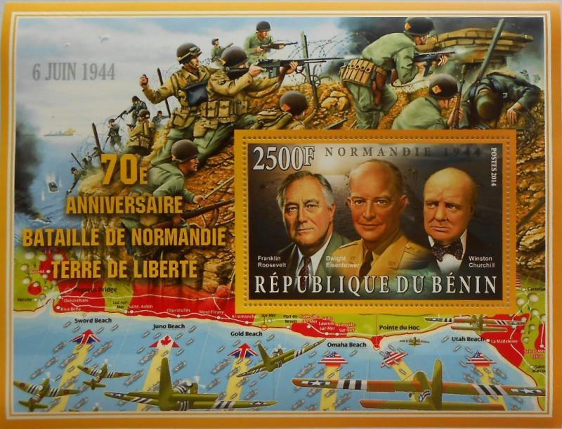 BENIN SHEET NORMANDY BATTLE WORLD WAR CHURCHILL LEADERS