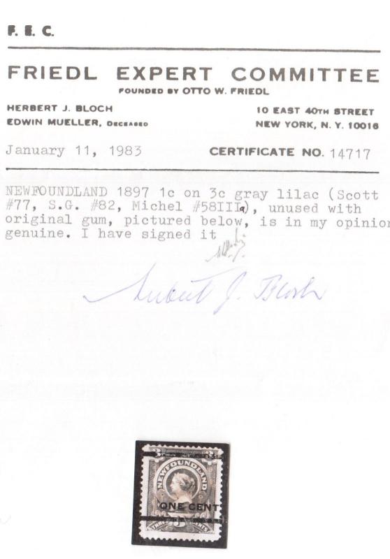 Newfoundland #77 Mint Fine - Very Fine Full Original Gum Hinged **With Cert.**