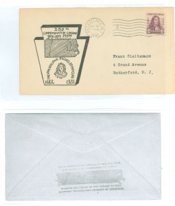 US 724 1932 3c William Penn commemorative on an addressed first day cover with a Philadelphia Record Stamp club cachet and a sec