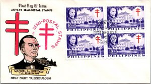 Philippines FDC 1958 - M Quezon / Fight TB - 10c+5c Stamp - Block - F43351