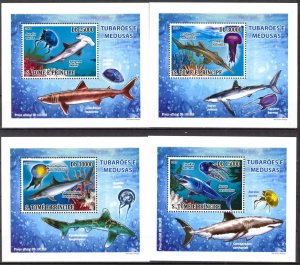 {042} Sao Tome & Principe 2009 Fishes Sharks Jellyfish 4 S/S Deluxe MNH**