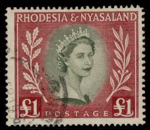 RHODESIA & NYASALAND QEII SG15, £1 olive-green & lake, FINE USED. Cat £38.