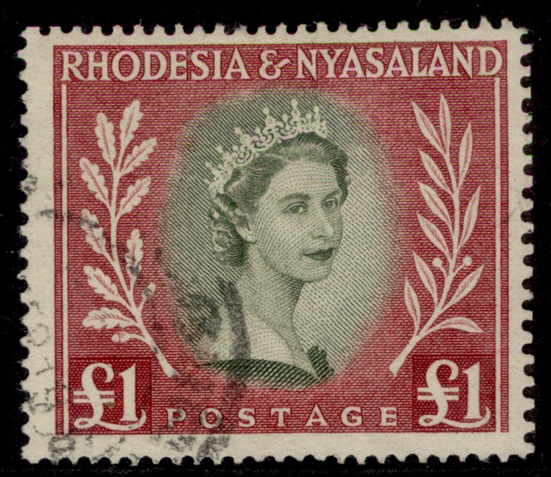 RHODESIA & NYASALAND QEII SG15, £1 olive-green & lake, FINE USED. Cat £38.