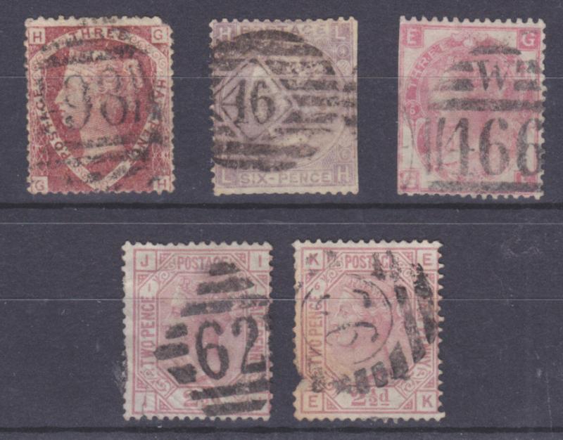 Great Britain Sc 32/67 used 1870-1876 Queen Victoria, 5 diff w/ small faults