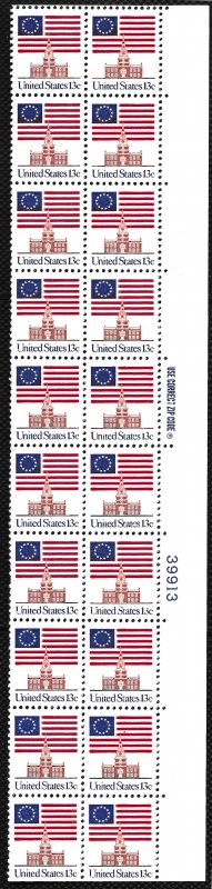 US #1622 MNH plate block, zip code block of 20. Flag & Independence Hall.  Nice