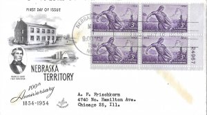 1954 FDC, #1060, 3c Nebraska Territory, Art Craft, plate block of 4