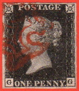 GBR SC #1 U (G,G) 1840 Queen Victoria 4 margins w/red MC CV $390.00