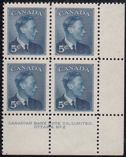 Canada 1950 MNH Sc #293 5c George VI Plate 2 LR