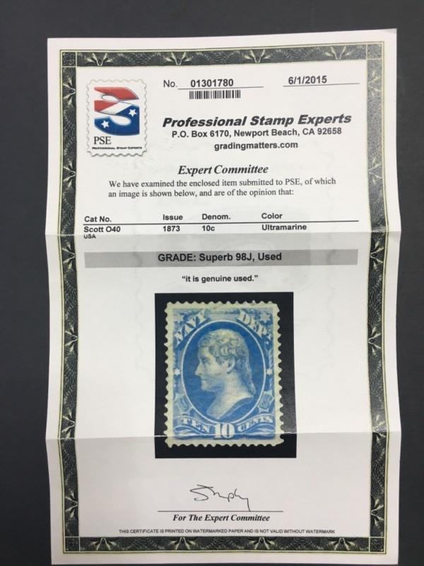 MOMEN: US STAMPS #O40 USED PSE CERTIFICATE GRADED SUP-98J