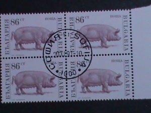 ​BULGARIA-1991 SC#3586 PIGS- LOVELY FARM ANIMALS-FANCY CANCEL VF BLOCK