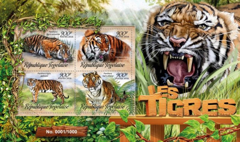 TOGO - 2016 - Tigers - Perf 4v Sheet - MNH