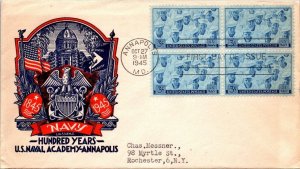 FDC 1944 SC #935 Staehle Cachet - Annapolis MD - Block of 4 - F61481