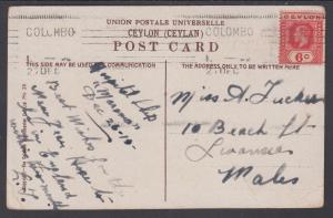 Ceylon Sc 204a on 1919 PPC to England, Banyan Trees, Kalutara