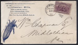 US 1893 ADVERTISING MANCHESTER MILLS CORN RICHMOND VA COVER REPAIRED AT LEFT SEE