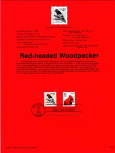 US SP1172 Red Headed Woodpecker 3032 Souvenir Page FDC