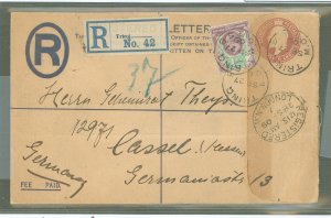 Great Britain  1909 2d + 1d registered envelope, size G; used from Tring to Germany.