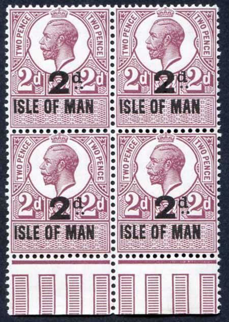 Isle of Man 1921 KGV 2d on 2d Revenue Stamp U/M Block of Four