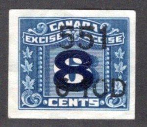 FX139, van Dam, 8c on 6c, precanceled, used, Imperforate Excise Revenue, Canada