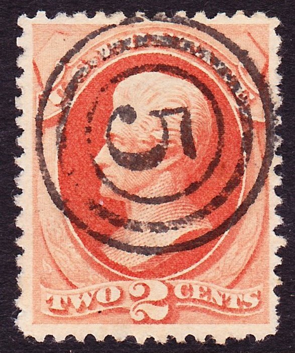 Scott 183, VF Used, 2c Vermilion, SOTN 5 in 3 Rings Cancel