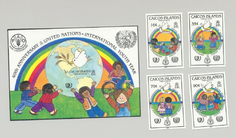 Caicos #65-69 Youth Year, UN, Dove, Rainbows 4v & 1v S/S Imperf Proofs