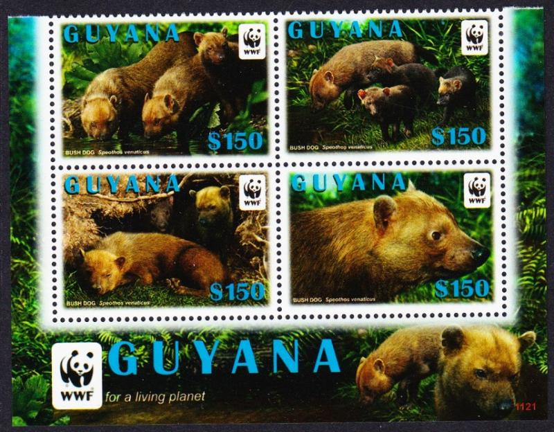 Guyana WWF Bush Dog Block of 4v with WWF Logo T1