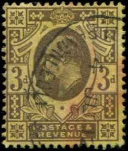 Great Britain SC# 132 Edward VII  3d Used dull purple on yellow