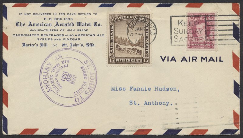 1931 Newfoundland Flight Cover St John's toSt Anthony American Aerated Water CC