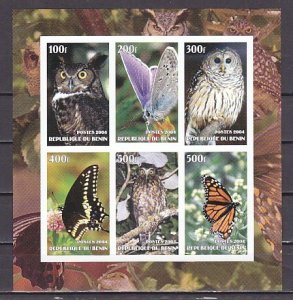 Benin, 2004 issue. Owls & Butterflies, IMPERF sheet of 6. ^
