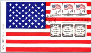 US FIRST DAY COVER STRIP OF (3) 22c FLAG COILS & (3) TEST STAMPS ON FLAG ALLOVER