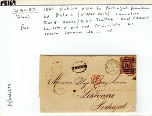 GB WALES Cover *BUTE DOCS/ D57* Duplex Portugal Lisbon 6d Plate 6 1869 PE169 