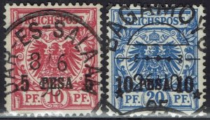 GERMAN EAST AFRICA 1893 EAGLE 5 PESA ON 10PF AND 10PESA ON 20PF USED