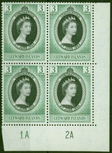 Leeward Islands 1953 3c Black & Green Coronation SG125 Fine MNH Plate Corner ...