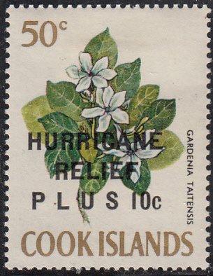 Cook Islands 1968 MH Sc #B6 50c + 10c Gardenia taitensis Flowers Hurricane Re...