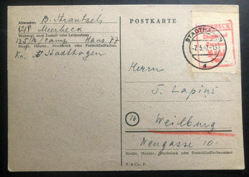 1947 Meerbeck Stadthagen Germany Displaced Person DP Camp PC Cover to Weilburg 1