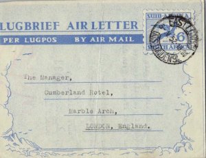 South Africa 6d Winged Gazelle Air Letter 1952 East London, DOS London 9 to L...