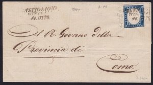 1860 SARDINIA, 20 cent. on letter with cancellation CASTIGLIONE D'INTELV...