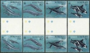 Kiribati 623-630 gutter,MNH.Michel 728-731. Whales 1994.Bryde's,Blue,Humpback,