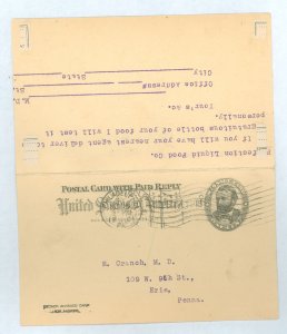 US UY1 1c + 1c Grant reply card sent from Philadelphia to Erie PA used/return card unused