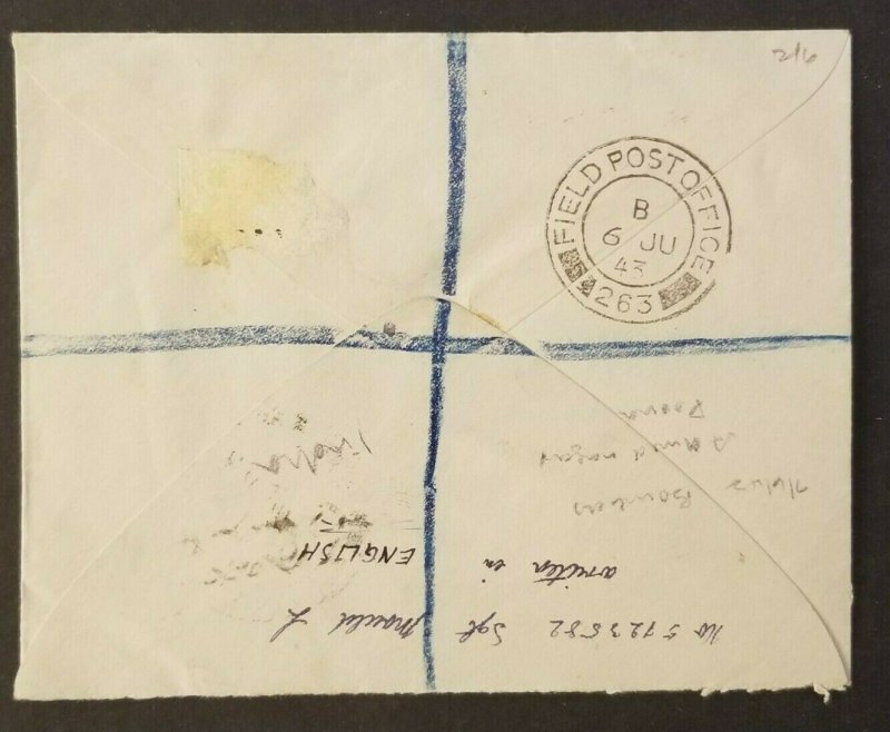 1943 Bombay India British 2nd Infantry Field Post Registered Censorship Cover