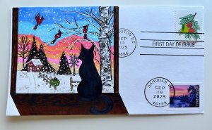 2025 Holiday Cheer FDC Winter Landscapes Hand Drawn Cachet Cat Variation COH