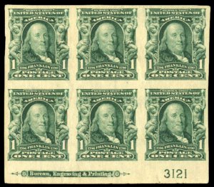 United States, 1904-9 #314 Cat$200, 1906 1c blue green, plate block of six, h...