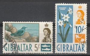 GIBRALTAR 1960 QEII BIRD FLOWER  5/- AND 10/- USED