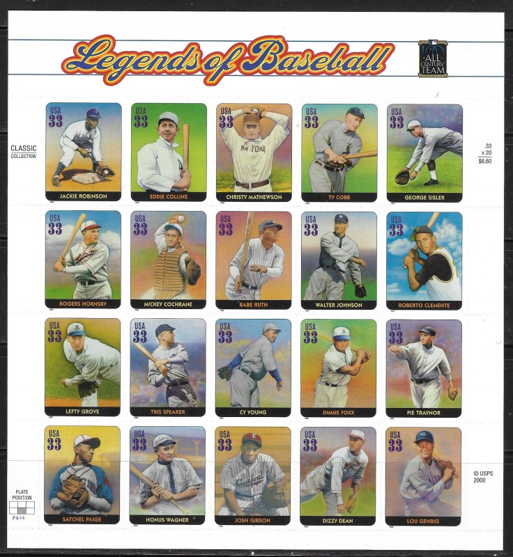 Scott #3408 -Legends of Baseball - Pane of 20- VF NH (Face value $6.60)